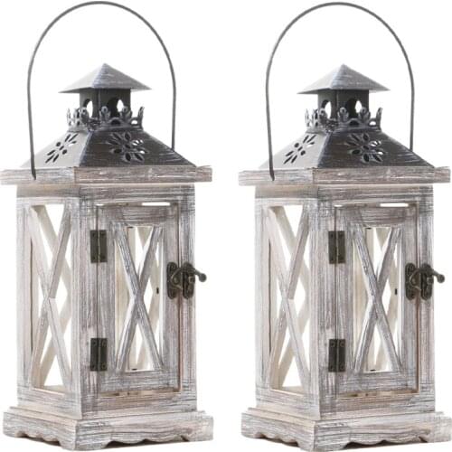 SHGO HOT-2 Pack Decorative Lantern Candle Holder Wooden Rustic Style for Table Top Mantle Wall Hanging Decor Indoor Outdoor Use