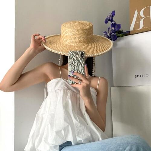 Panama Summer Hat Flat Top Fedora Pearl Chain Decoration Sun Protection Cap Female Wide Brim Straw Hats For Women Beach Sun Hat