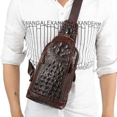 New Vintage Men Leather Sling Pack Chest Bag Crocodile Grain Pattern Travel Shoulder Cross Body Messenger Bags