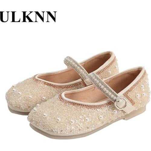 Girls Show Shoes Child Pink Leather Shoes Childrens Soft Bottom Rhinesone Princess Students Beige Soft Flat Shoes