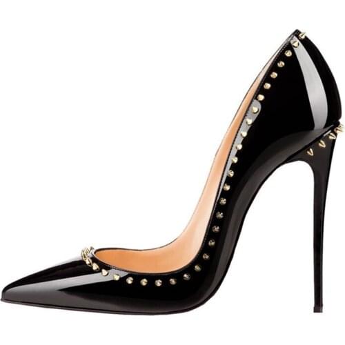 Fashion Spikes Women Sexy Pumps Red Bottom Shoes Summer Rivet Stilettos Evening Dress Heels Patent Leather Wedding Shoe
