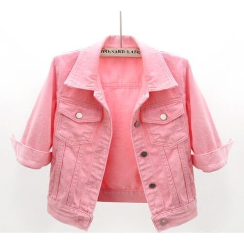 2021 Autumn Korean Fashion Half Sleeve Denim Jackets Women Pink White Yellow Purple Outwear Slim Short Jeans Jacket Coat Female