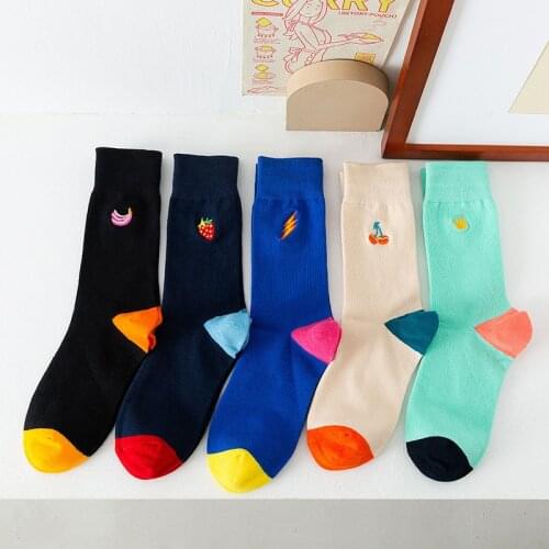 Womens Middle Tube Socks Colorful Cartoon Socks Spring and Autumn Cotton Socks 1 Pair Cherry Strawberry Fruit Ctue Socks