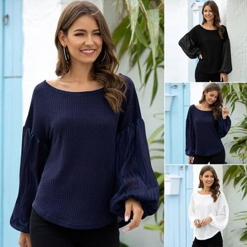 Womens Long Puff Sleeve Round Neck Casual Solid Crop Tops Blouse Sweatshirt