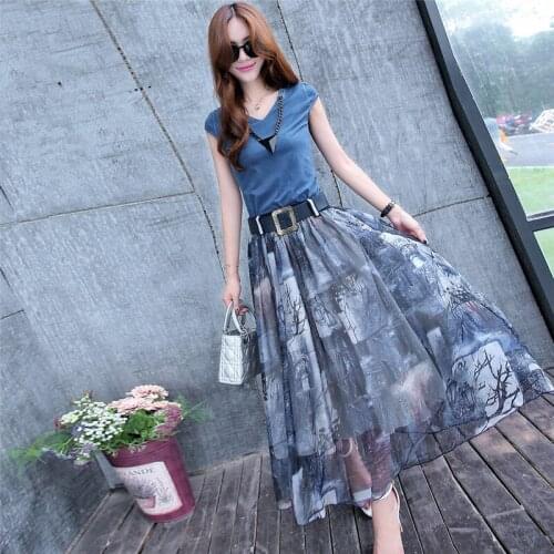 Women Skirts Two Piece Set Tops and Skirt Fashion Female Slim Clothing Summer Popular Print Chiffon Skirts LWL245