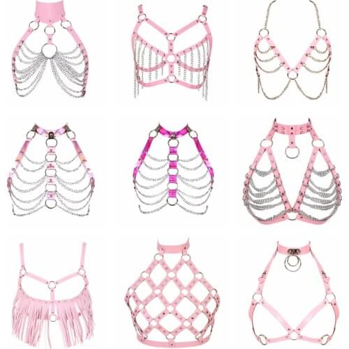 Body Chain Leather Pink Harness Punk Goth Hollow out Bra Women Chest Belt Adjustable Dance Club Lingerie Fashion Straps Neck