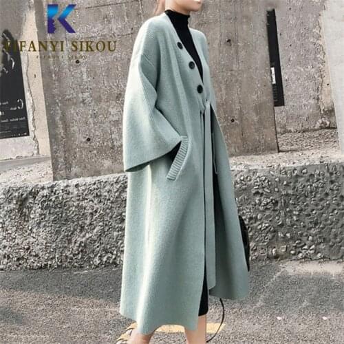 2020 Autumn Winter Women Knitted Sweater Jacket Fashion Long Cardigan Warm Knit Coat Lace up V-Neck Loose Sweaters Coat Female