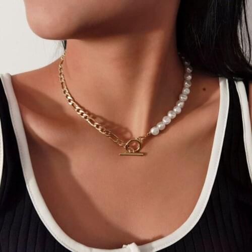 Goth Baroque Pearl Toggle Clasp Chain Necklace Women Wedding Collares Minimalist Circle Lariat Choker Necklaces Femme Jewelry
