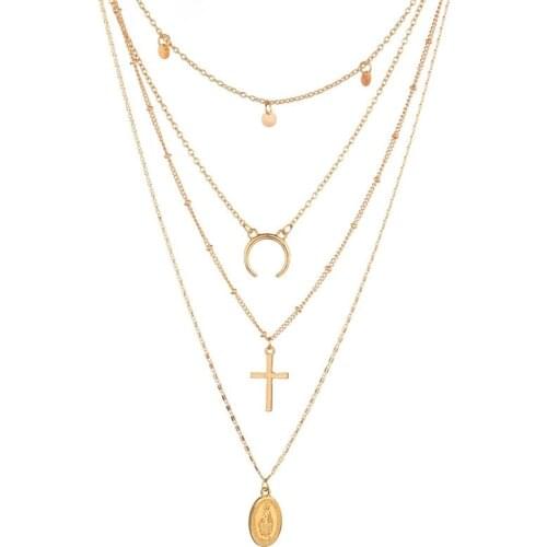 Bohemia Gold Color Jesus Cross Necklace Multi-layer Moon Necklace Wafer Metal Chain Pendant Necklace Easter Days Gift For Women