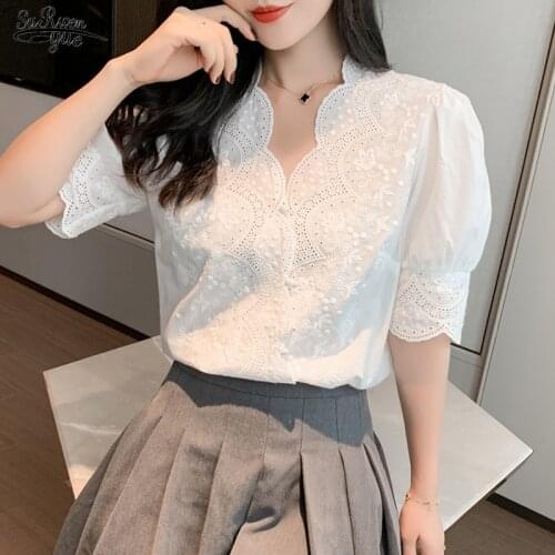 2021 Summer White Short Sleeve Shirts Women Tops Casual Sweet V Neck Women Blouse Cotton Embroidery Women Clothing Blusas 13102
