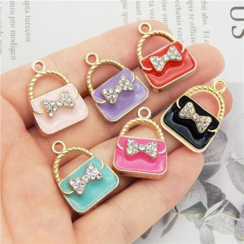 6pcs handbag shape pendant Bow Crystal Enamel Alloy Charms fashion Package Dec women Jewelry earrings necklace keychain bracelet