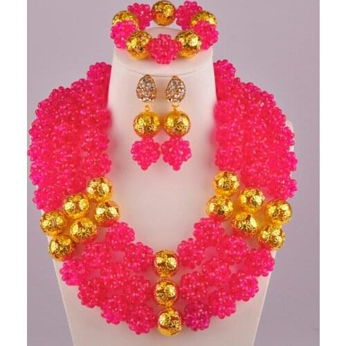 Fuchsia Pink African Beads Jewelry Set Nigerian Wedding Necklace Sets