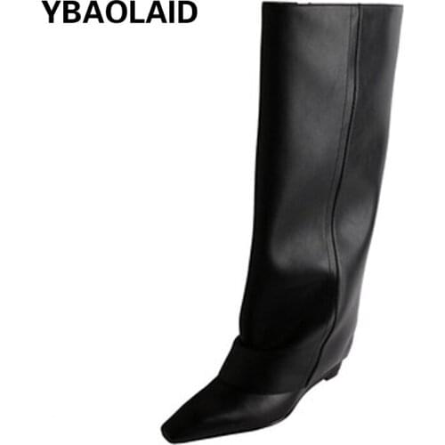 Pointed Patent Leather Side Zipper Wedge Heel High Boots New Fashion Cowhide Solid Color Rubber Bottom Tube Boots Boots