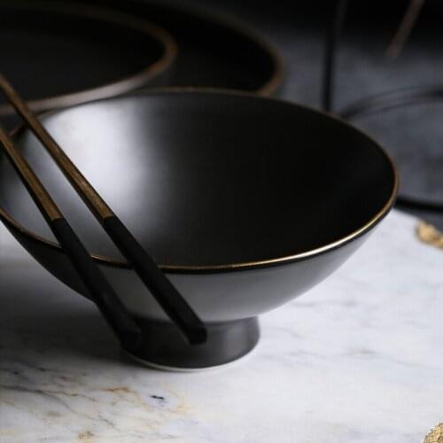 Golden rims Porcelain Ramen Bowl Household Handmade Japanese Heat Resistant Black Large NoodlesBowl Commercial Tableware CE / EU