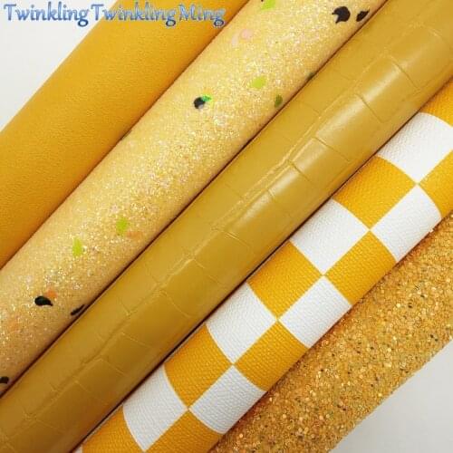 YELLOW Glitter Fabric, Crocodile Synthetic Leather, Plaids Faux Fabric Sheets For Bow A4 21x29CM Twinkling Ming XM011A