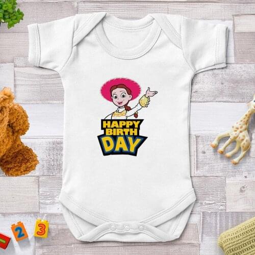Happy Birth Day Newborn Clothes Summer White Baby Girl Boys Rompers Toy Story Disney Cartoon Kawaii Infant Bodysuits Dropship