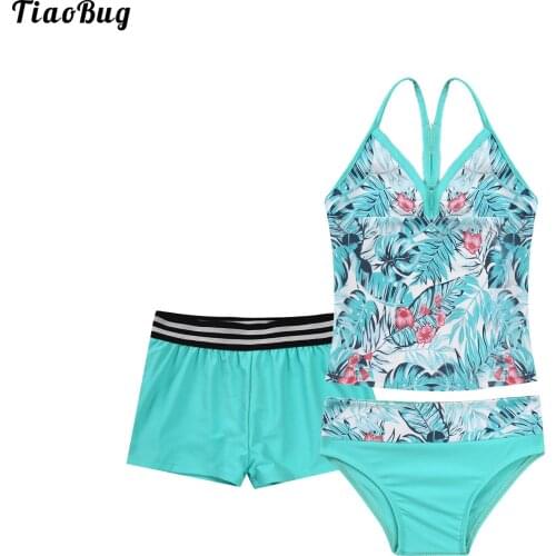 TiaoBug Summer 3Pcs Kids Girls Print Swimwear V Neck Spaghetti Straps Vest Top And Bottoms Boyshorts Briefs Set Beach Bikini