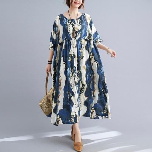 Fashion Pattern Tie Dye Dress 2021 New Arrival Loose Summer Dress Cotton Linen Plus Size Vintage Women Travel Casual Long Dress