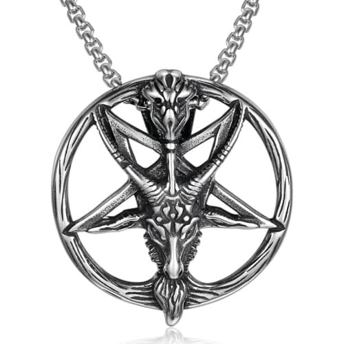 Baphomet Satan Necklace Satanic Jewelry Stainless Steel Lucifer Goat Pendant Antique Vintage Round Silver Color For Men Women
