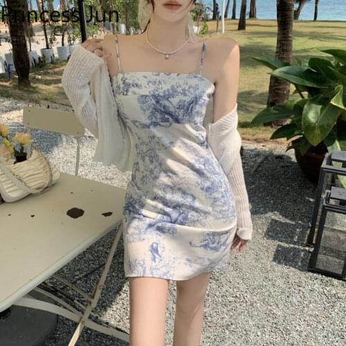 New Summer Oil Painting Print Dress Retro Slash Neck Suspender Mini Dress&thin Knit Cardigan Small Girl Slim Holiday Party Dress