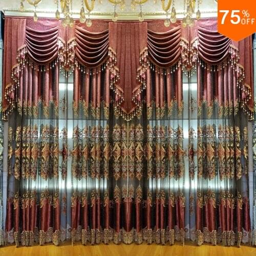 Luxury Euro Curtain Embroidery style for Double window together in Living Room Coffee Red Colorful Fuzzing Embroidery Drapery