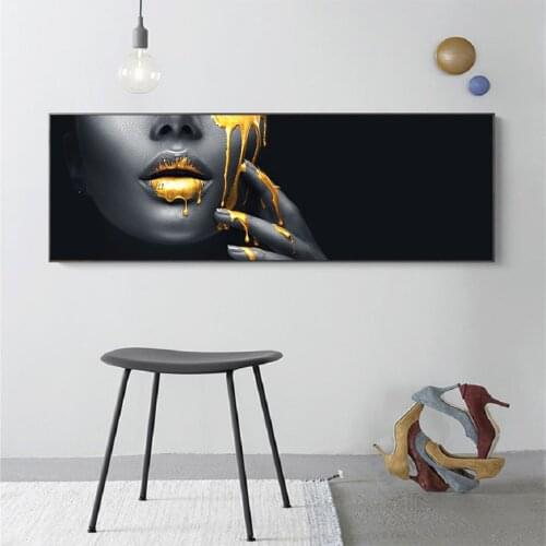 Modern Sexy African Girl With Gold Lips Canvas Paintings Creative Figure Wall Art Prints and Posters for Living Room Decor