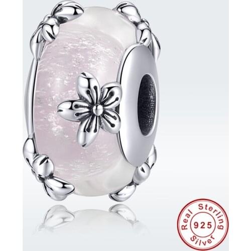 Fit Europe Bracelet Silver 925 Original Pink Cherry Blossom Glass Beads S925 Round Small Flower Charms for DIY Jewelry Making