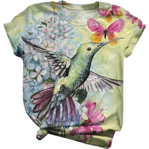 Women Blouse Short Sleeve Hummingbird Floral Print Cotton Blend O Neck T-shirt Top for Summer