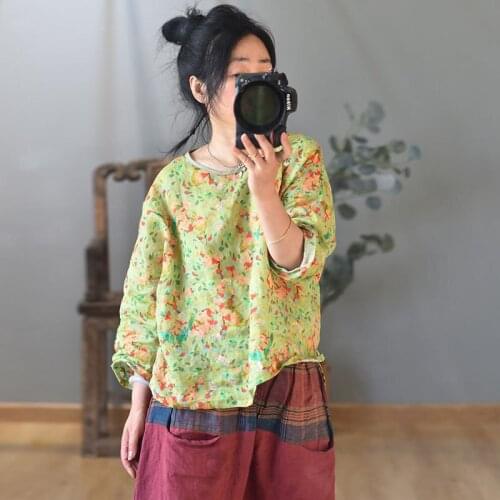 Women Loose Ramie Printed Tops Shirts Ladies Vintage Plus Size Blouse Female Retro Print Ramie Blouse Shirt 2020 Spring Summer