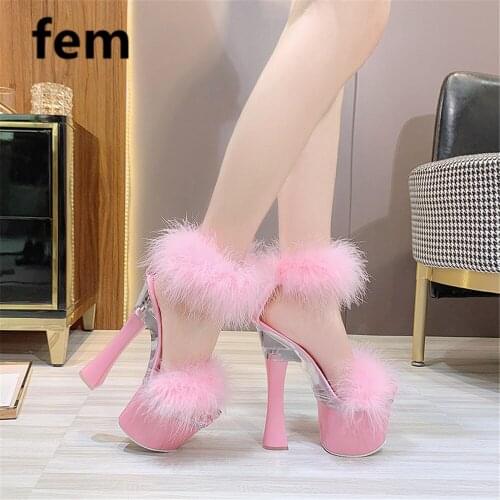 Fluffy Sandals Peep Toe Ankle Trap Chunky Heels Hoop Loop Shoes Women Fur Sandals High Heels Platform Shoes Adorable Party Shoes