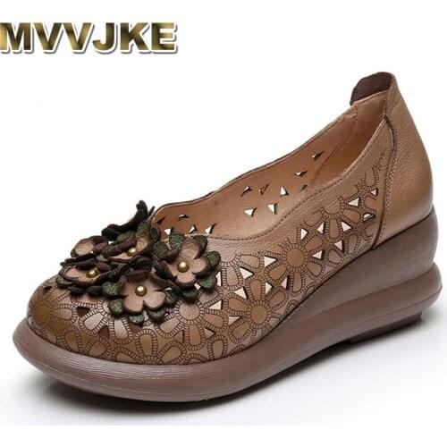 MVVJKE Pumps Women Shoes Summer Cut Out High Heels Round Toe Genuine Leather Casual Ladies Platform Shoes