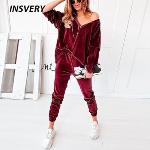 Golden Velvet Two Piece Sets Women Tracksuit V Neck Tops Elastic Waist Pants Sets Women Solid Autumn Winter Casual Outfit Female