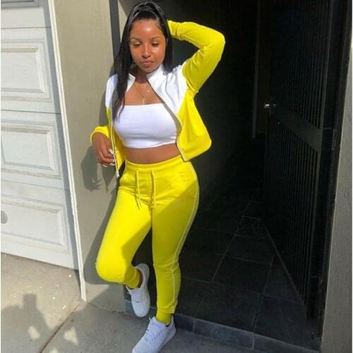 Autumn Two Piece Set Women Stitching Long Sleeve T-shirt Crop Top+Pants Sets Club Outfits Sports Streetwear Wholesale Items