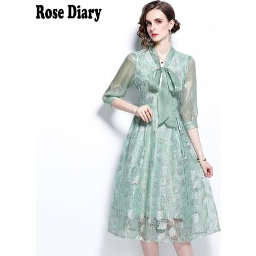 RoseDiary French Romantic Fairy Midi Party Dinner Dress Women Bowknot Lace Chiffon Embroidered Elegant Sweet Princess Vestido