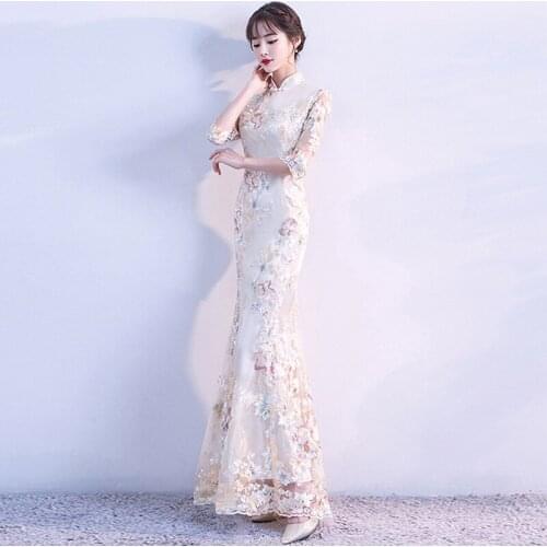 Women Chinese Traditional Evening Dress Qipao Oriental Style Fishtail Cheongsam China Long Dresses Qi Pao Fashion Party Robe