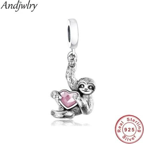 100% 925 Sliver Pink Heart Zircon Monkey Dangle Charm Fit Original Pandora Charms Bracelet Silver 925 DIY Jewelry Berloque