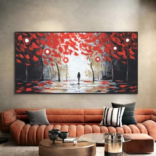 Abstract Trees With Red Leaves Painting 100% Handmade Oil Painting On Canvas Modern Hand Painted Wall Art For Living Room Decor
