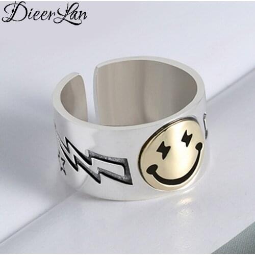 Bohemian Ethnic 925 Sterling Silver Smile Face Rings for Women Bridal Wedding Vintage Open Finger Rings Christmas Gifts