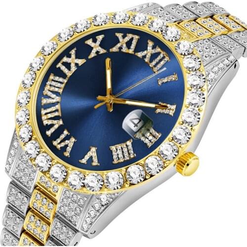 Diamond Watch for Mens Top Brand Luxury Full Iced Out Watch Big Red Dial Military Hip Hop Quartz Wristwatch Relogio Masculino