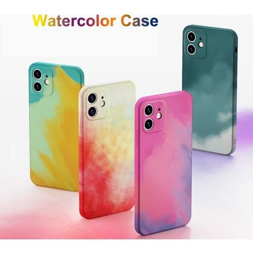 For iPhone 12 Pro Max Mini 11 SE 2020 XS XR X 7 8 Plus Case Watercolor Full Protect Camera Lens Liquid Silicone Soft Cover Funda