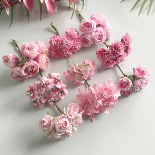 6/8/10/12/24/200pcs Pink Hybrid Flower Cherry Stamen Berries Bundle DIY Cake Christmas Wedding Gift Box Wreaths Decor
