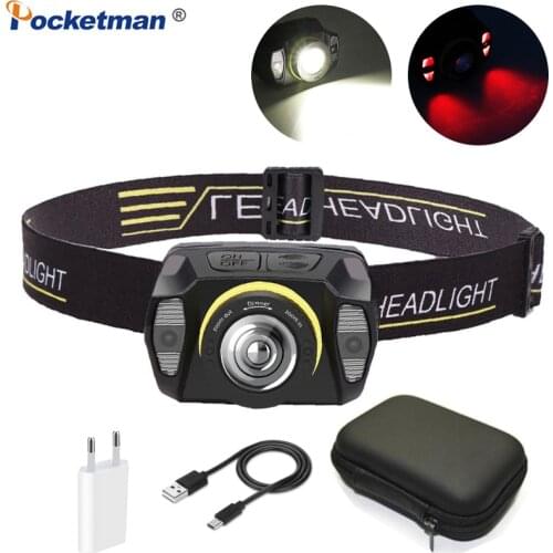 Body Motion Sensor LED Headlight 8000LM Super Bright USB Rechargeable Headlamp Red Light Head Front Light Waterproof Head Torch