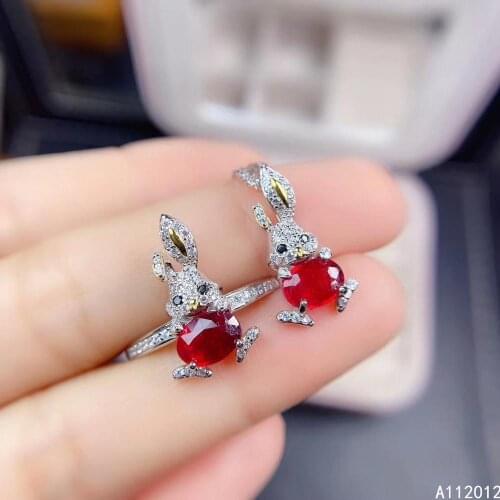 KJJEAXCMY fine jewelry natural Ruby 925 sterling silver trendy rabbit girl new pendant necklace chain ring set support test