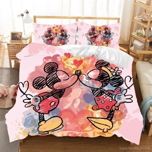 Lovely Mickey & Minnie Mouse Bedding Set Queen King Size Duvet Cover Set Comforter Cover with Pillowcase Home Textile Bedclothes
