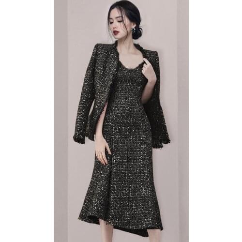 Fashionable Womens Scale Tweed Dress With Jacket Two Set Elegant Party Formal Wear Lady Outwear DZA049