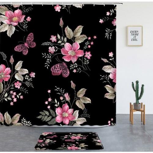 Pink Flower Butterfly Black Shower Curtains Set Bath Mats Green Leaf Bohemian Bathroom Screen Entrance Door Mat Room Decor Rug