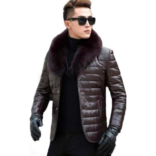 2018 new youth mens leather leather mens fox collar leather down jacket male Korean version of the slim fur coat