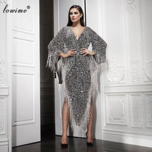 Newest Long Sleeves Prom Dresses Mermaid Tassels V-Neck Sexy Cocktail Dresses Women Party Night Sequins Vestidos De Fiesta