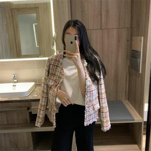 Autumn Winter Women Slim Short Tweed Jacket Orange Check Cardigan Female Fashion Single Breast Coat Elegant Vintage Outwear