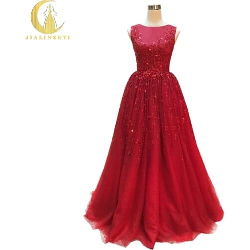 Rhine Real Sample Image Luxurious Red Full Beads Hand Work High Quality Floor Length Evening Dresses 2020